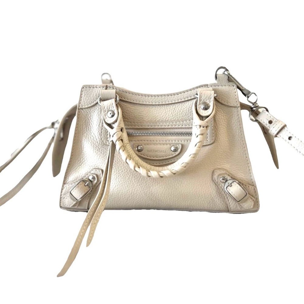 Auth LIKE NEW Balenciaga Neo mini Cream calfskin Leather Handbag 2 way strap